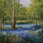 Lake District art original oil painting by Jeff Sudders A Walk in Jeffey Knotts Wood Ambleside. Woodland scene with bluebells covering the ground. A couple walking in the distance.
