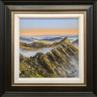 Lake District art original oil painting by Ben Goymour. Striding Edge Helvellyn. misty view over the edge towards red tarn and ullswater