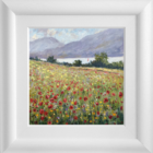 Lake District art original oil painting by Jeff Sudders Summer afternoon. Fields of multi coloured wild flowers and red poppies with lake and fells in background