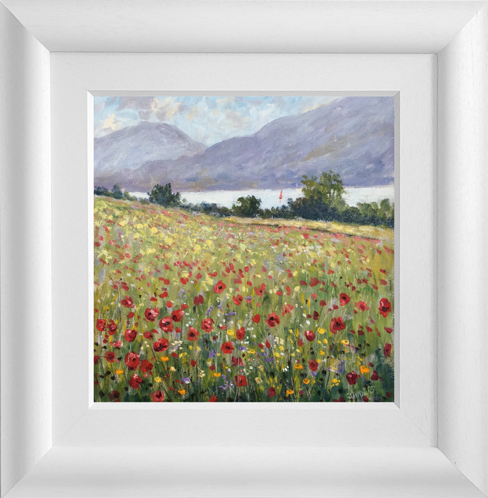 Lake District art original oil painting by Jeff Sudders Summer afternoon. Fields of multi coloured wild flowers and red poppies with lake and fells in background