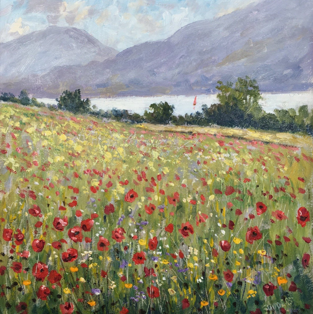 Summer Afternoon Jeff Sudders Lake District art original oil painting by Jeff Sudders Summer afternoon. Fields of multi coloured wild flowers and red poppies with lake and fells in background