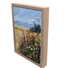 Original oil painting by artist Jeff Sudders featuring wildflower field under a pale blue sky. Red and blue flowers bloom and tall white flowers rise above them.