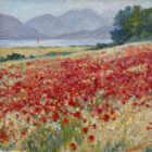 Lake District art original oil painting by Jeff Sudders. A vibrant piece summer colours of a poppy field with a lake and fells in the distance and a red sailboat floating on the water.