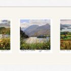 Print by Jeff Sudders. Summer trio is one print that includes three different square prints - all the print have flowers in the foreground, lake in the middle and mountains in the background.