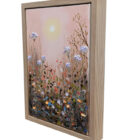 An Oil original by Lake District artist Jeff Sudders. Textured floral meadow with delicate blooms rising above wildflowers and butterflies beneath a soft glowing sun. Displayed in a light oak tray frame.