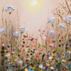 Textured floral meadow painting with delicate blooms rising above wildflowers, scattered petals, butterflies, and twisting stems beneath a soft glowing sun. The artwork features a pastel pink background and expressive palette-knife details, creating a dreamy, whimsical garden scene.