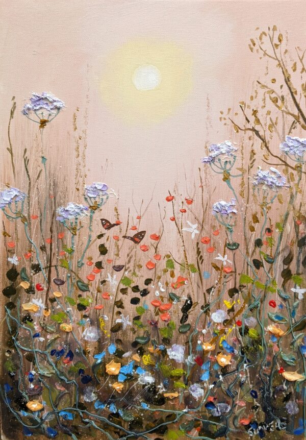 Textured floral meadow painting with delicate blooms rising above wildflowers, scattered petals, butterflies, and twisting stems beneath a soft glowing sun. The artwork features a pastel pink background and expressive palette-knife details, creating a dreamy, whimsical garden scene.