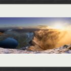Print by Lake District Photographer Nathan Buckley. Sunrise over striding edge. panomaric view from helvellyn of misty fell red tarn ullswater in winter snow