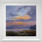 lake district art original oil painting by local artist Jeff Sudders. Sunset over derwentwater. sweeping colourful sky over lake and fells