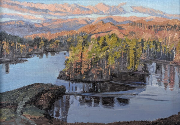Lake District art original oil painting Tarn Hows by Simon Whitfield of the tarn with wooded island and sunlight lighting up the mountains behind.