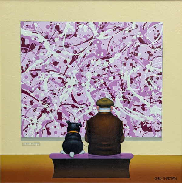 lake district art original oil painting by chris chapman Original Acrylic Painting by Chris Chapman. Man and his dog admiring an abstract pink painting jason pollock inspired painting