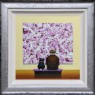 lake district art original oil painting by chris chapman Original Acrylic Painting by Chris Chapman. Man and his dog admiring an abstract pink painting jason pollock inspired painting