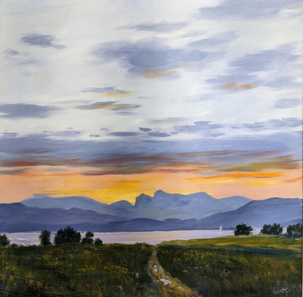 lake district art original oil painting by local artist Jeff Sudders. The End of a Perfect Day at Windermere featuring a beautiful orange sunset overlooking the lake and fells.