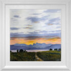 lake district art original oil painting by local artist Jeff Sudders. The End of a Perfect Day at Windermere featuring a beautiful orange sunset overlooking the lake and fells. Displayed in a white cushioned frame.