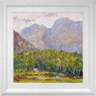 Lake District art original oil painting by local artist Jeff Sudders. Featuring The Langdale Pikes tall green trees and a small house hidden within the woodland. Displayed in a white wood grain frame.