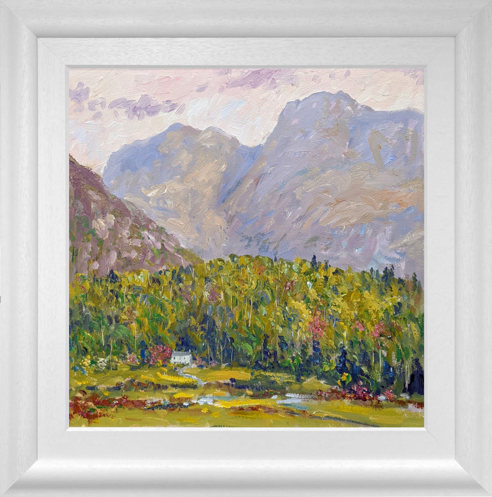 Lake District art original oil painting by local artist Jeff Sudders. Featuring The Langdale Pikes tall green trees and a small house hidden within the woodland. Displayed in a white wood grain frame.