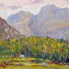 Lake District art original oil painting by local artist Jeff Sudders. Featuring The Langdale Pikes tall green trees and a small house hidden within the woodland.