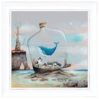 The Lost City by Gary Walton. Limited edition print on canvas. A small seaside village and whale in a corked bottle washed up on the shore. Displayed in a white frame with gold border.