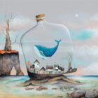 The Lost City by Gary Walton. Limited edition print on canvas. A small seaside village and whale in a corked bottle washed up on the shore.