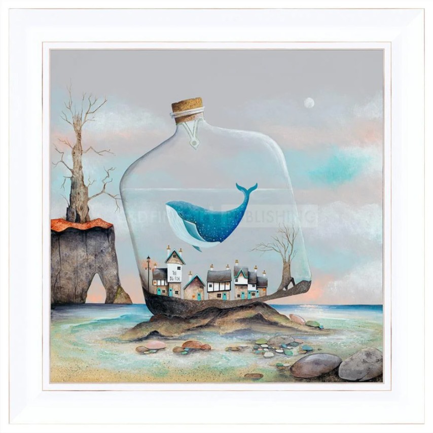 The Lost City by Gary Walton. Limited edition print on canvas. A small seaside village and whale in a corked bottle washed up on the shore. Displayed in a white frame with gold border.