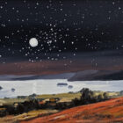Lake District art original oil painting by Jeff Sudders. the moon and stars over windermere. dark skies