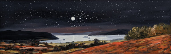 Lake District art original oil painting by Jeff Sudders. the moon and stars over windermere. dark skies