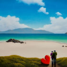 lake district art original oil painting by artist david renshaw adventures of ted and doris together in paradise on a white sand beach with sea view and mountains