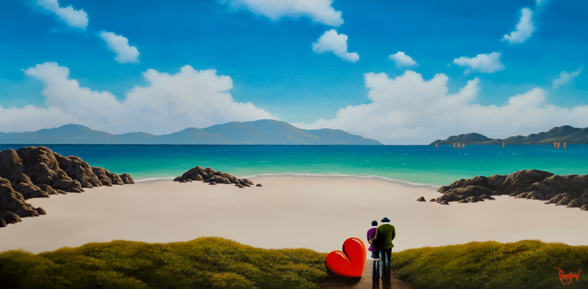 Together In Paradise by David Renshaw lake district art original oil painting by artist david renshaw adventures of ted and doris together in paradise on a white sand beach with sea view and mountains