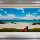 lake district art original oil painting by artist david renshaw adventures of ted and doris together in paradise on a white sand beach with sea view and mountains
