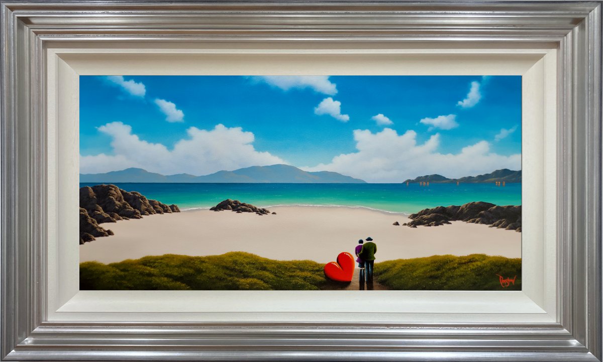 lake district art original oil painting by artist david renshaw adventures of ted and doris together in paradise on a white sand beach with sea view and mountains