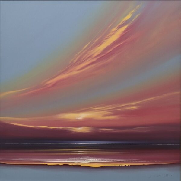 Original oil painting of the sunset rippling over the clouds and waves by Jonathan Shaw