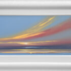Lake District art original painting Twilight by Jonathan Shaw. A colourful sunset of blues pinks and oranges. Displayed in a white cushioned frame.