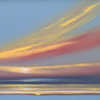 Lake District art original painting Twilight by Jonathan Shaw. A colourful sunset of blues pinks and oranges.