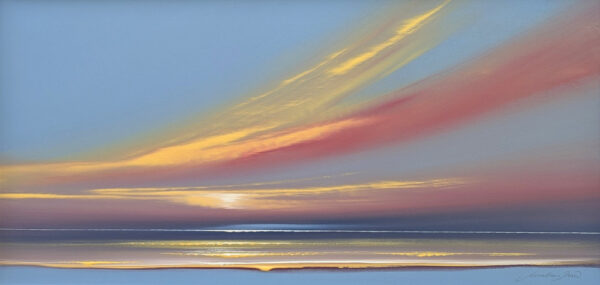 Lake District art original painting Twilight by Jonathan Shaw. A colourful sunset of blues pinks and oranges.