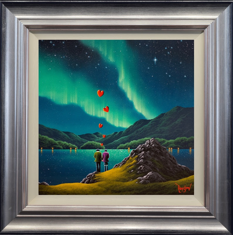 Lake District art by David Renshaw Under a sky made for two. Boutique limited edition print ted and doris under northern lights by lake