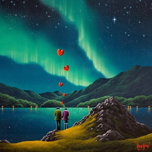 Lake District art by David Renshaw Under a sky made for two. Boutique limited edition print ted and doris under northern lights by lake