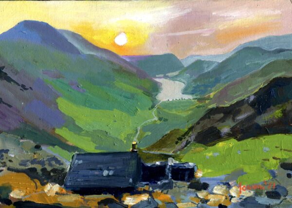 Mixed media Lake District painting of Warnscale Bothy overlooking Buttermere