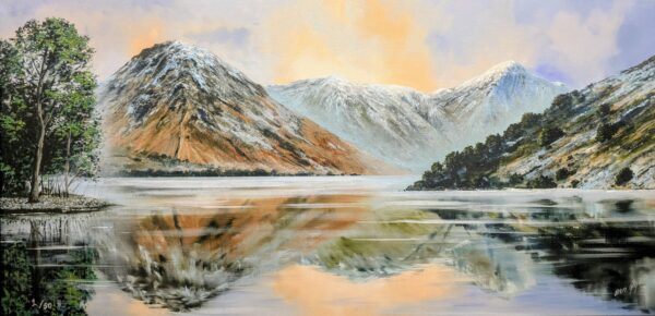 Limited edition print on canvas by Ben Goymour featuring wastwater. The still and calm lake reflect the fells and sunset sky perfectly.