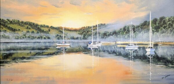 A limited edition print on canvas by Ben Goymour featuring lake Windermere during sunset. Water is still showing the reflection of hills and orange skies. Sailboats floating on the lake.