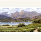 Lake District art print by Jeff Sudders. A summer scene with green field in the foreground Lake Windermere in the Lake District and Langdale Pike mountain in the background.