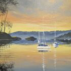 Lake District art original oil painting by Ben Goymour featuring Windermere. Boats floating on the water with a bright orange sunset.