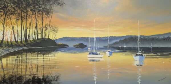 Lake District art original oil painting by Ben Goymour featuring Windermere. Boats floating on the water with a bright orange sunset.
