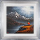 Lake District art original oil painting by David Renshaw. wrapped in mountain memories. ted and doris with red love heart overlooking misty snow covered mountains