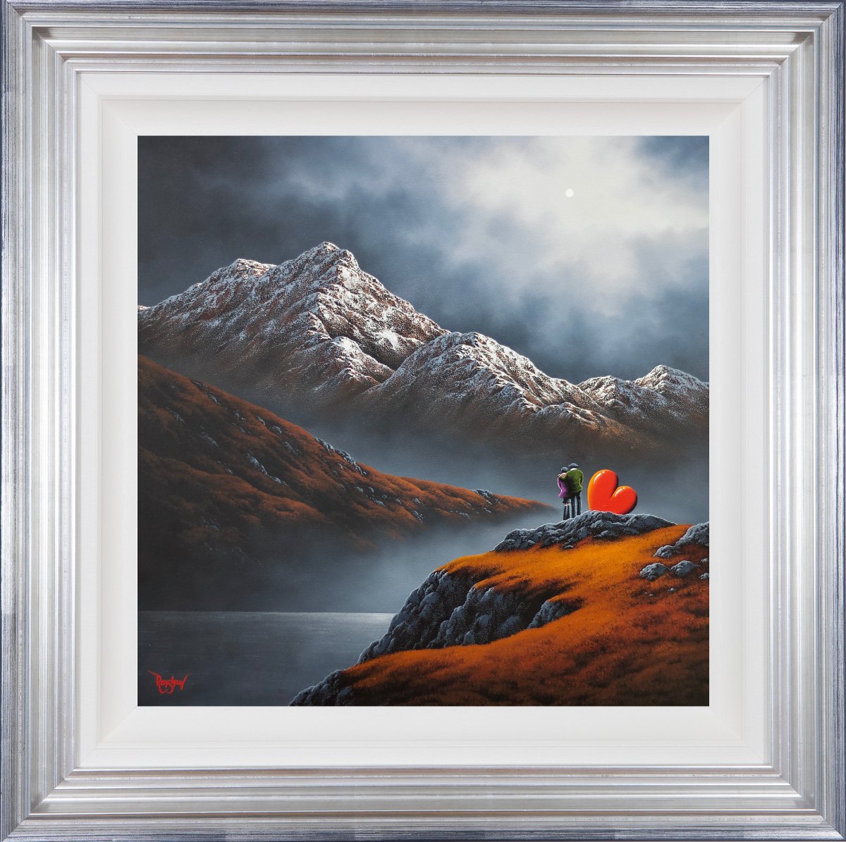 Lake District art original oil painting by David Renshaw. wrapped in mountain memories. ted and doris with red love heart overlooking misty snow covered mountains