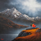 Lake District art original oil painting by David Renshaw. wrapped in mountain memories. ted and doris with red love heart overlooking misty snow covered mountains