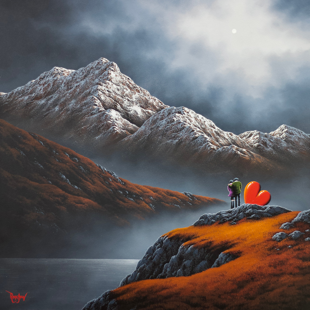 Wrapped in Mountain Memories Lake District art original oil painting by David Renshaw. wrapped in mountain memories. ted and doris with red love heart overlooking misty snow covered mountains
