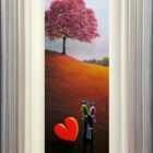 Framed Northern Romance painting of a tree lit up on a hillside with Ted and Doris