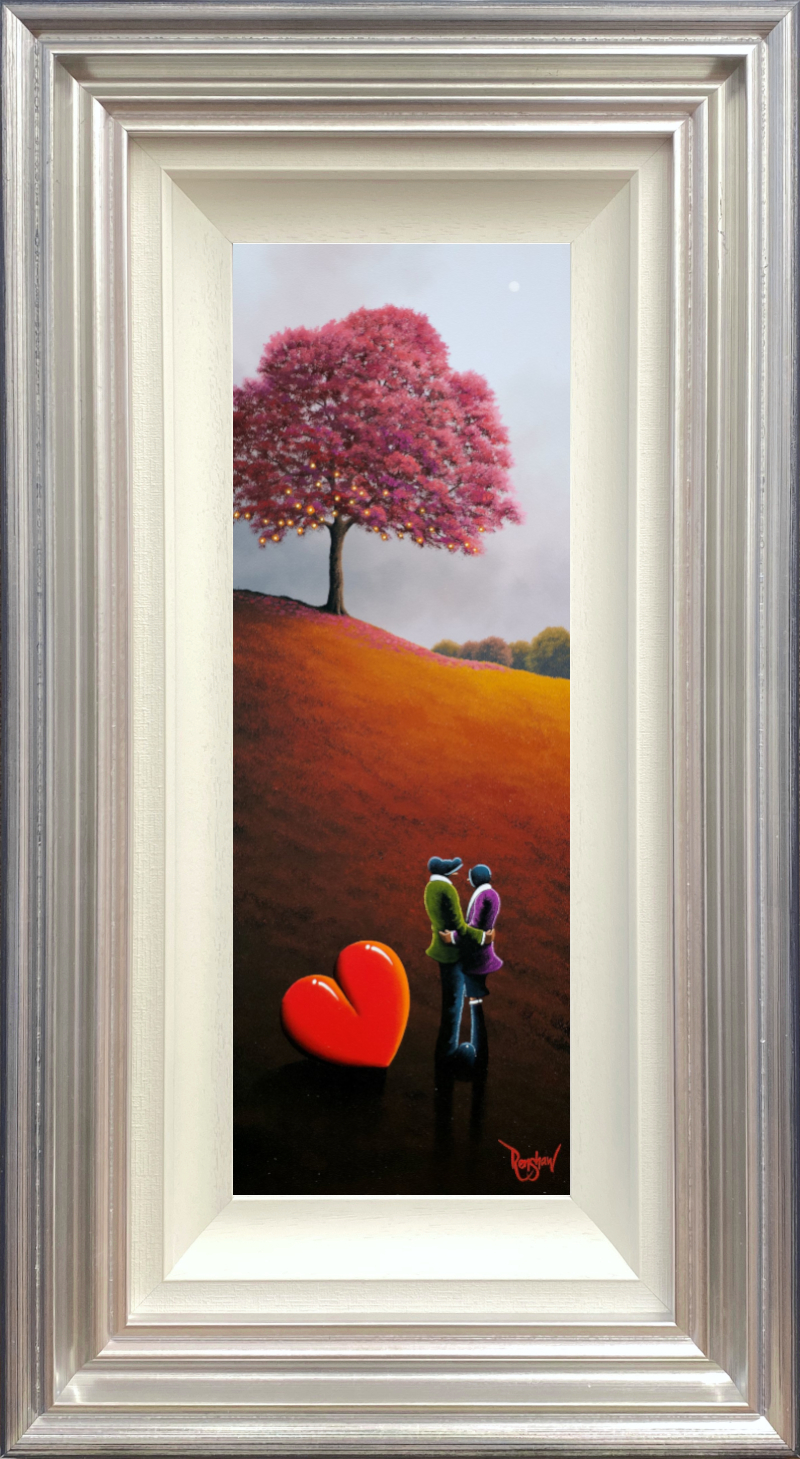 Framed Northern Romance painting of a tree lit up on a hillside with Ted and Doris