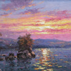 Lake District art original oil painting Evening Reflections Ullswater by Andrew Grant Kurtis of warm sunset light caught on ripples of the lake with trees on the lakeshore.