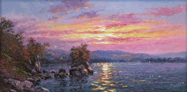 Lake District art original oil painting Evening Reflections Ullswater by Andrew Grant Kurtis of warm sunset light caught on ripples of the lake with trees on the lakeshore.